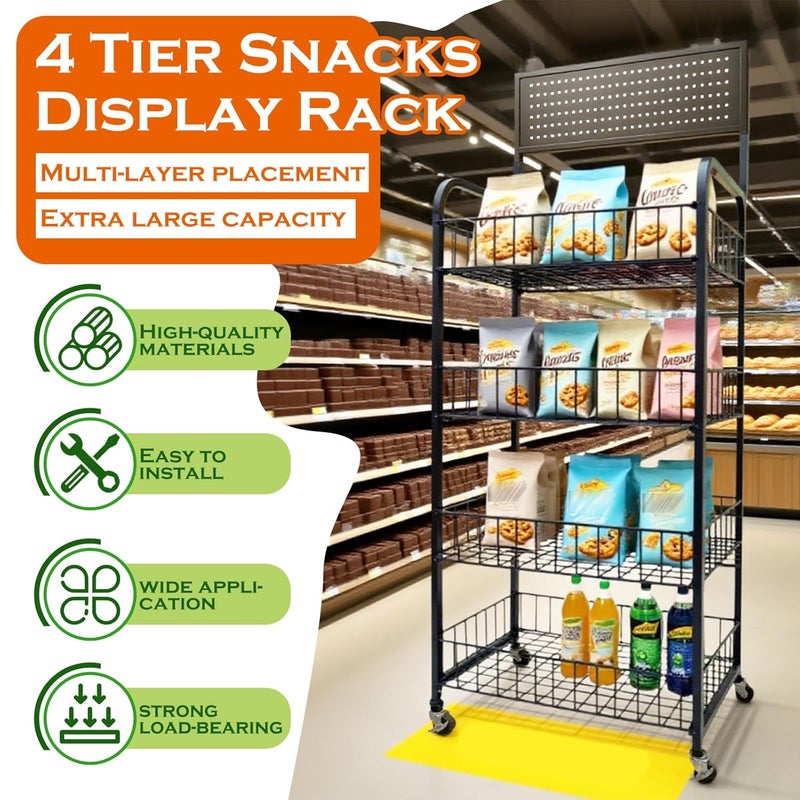 Nerxerx 4 Tier Retail Candy Display Rack Metal Storage Shelf with Wheels & 15 Hooks Concession Candy Snack Display Racks Sturdy and Stable Chip Shelf Rack for Stores, Kitchen, Office (4 Tier Black 50cm) - Image 2